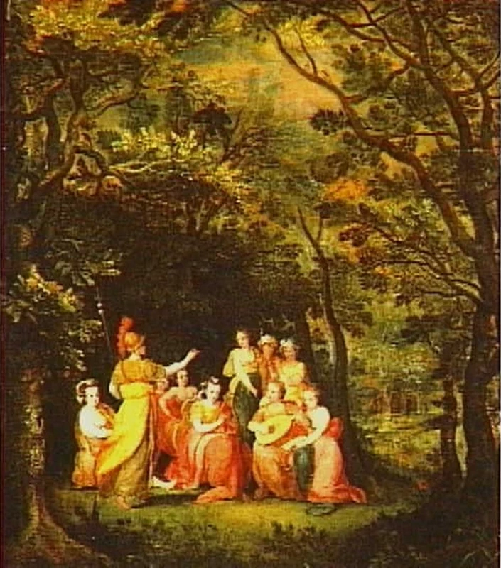 Paesaggio boschivo con Minerva presso le Muse